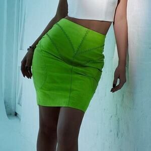 New One Teaspoon Size 10 Neon Lime Green Faux Leather Stitched Zip Mini Skirt